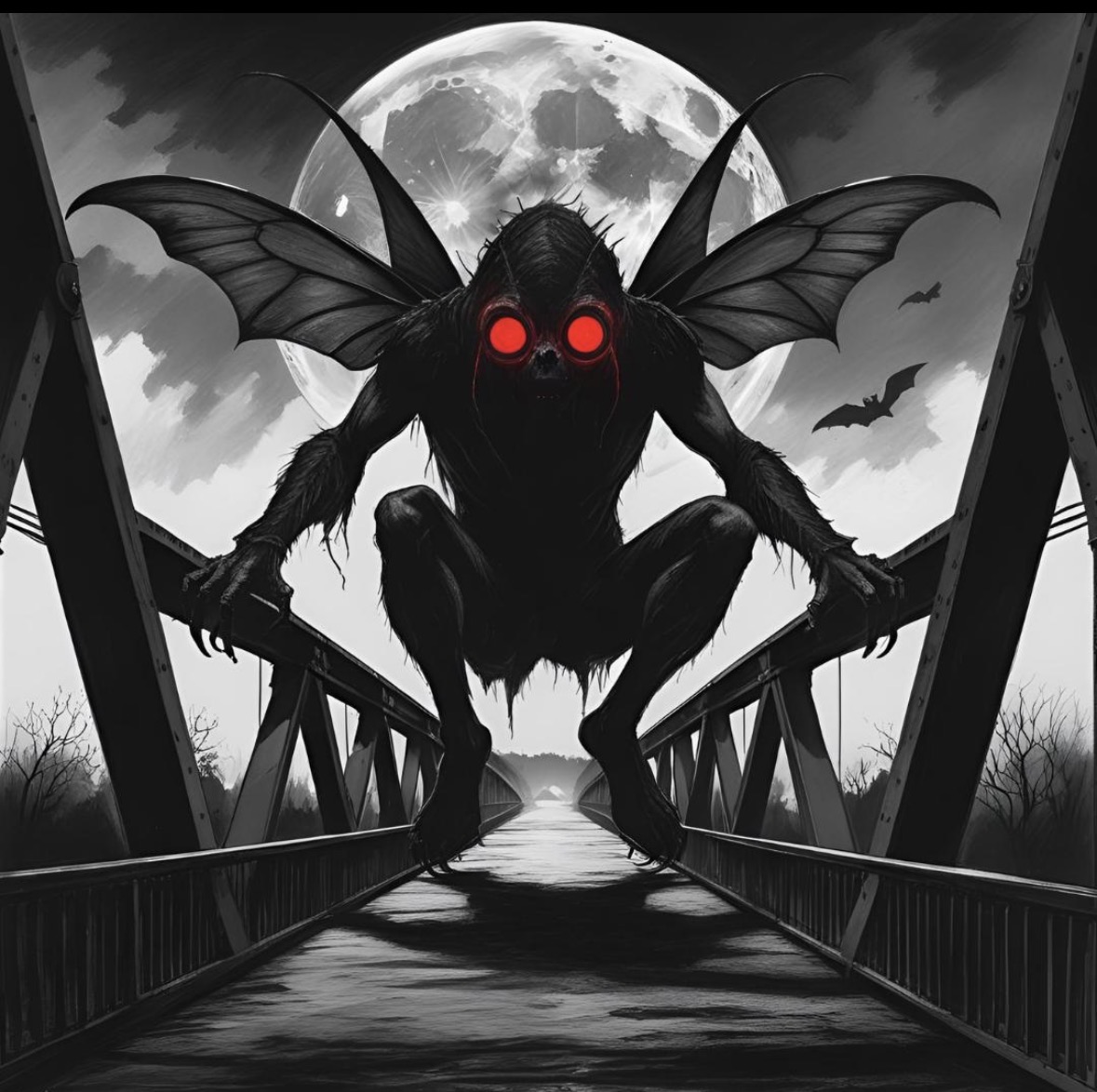 Red-eyed cryptid on a moonlit bridge